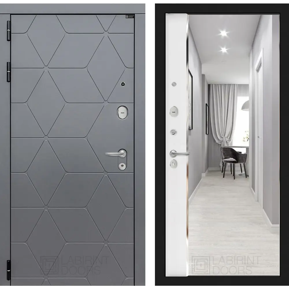 91697799 Входная дверь Labirintdoors Космо с панелью Зеркало Панорама левый 205х96см цвет графит софт/белый софт STLM-0897474