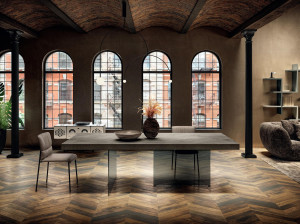 Прямоугольный стол со стеклянным основанием и столешницей из XGlass с мраморным эффектом