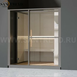 Effegibi LOGICA H LO30010009 Хаммам. Установка: в нишу. Правая дверь. Мощность: 4,5 кВт макс. Размеры: длина 214 см, ширина 250 см. Отделка: матовый лакированный серый аллюминий и бежевый ламинат из керамогранита.