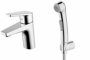 Смеситель для ванной комнаты на раковину низкий с гигиеническим душем LINE F15299C-2 bravat