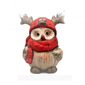 18047 Сова "Рогатик" в красном шарфе большая 14 х 11 х 16.9 см