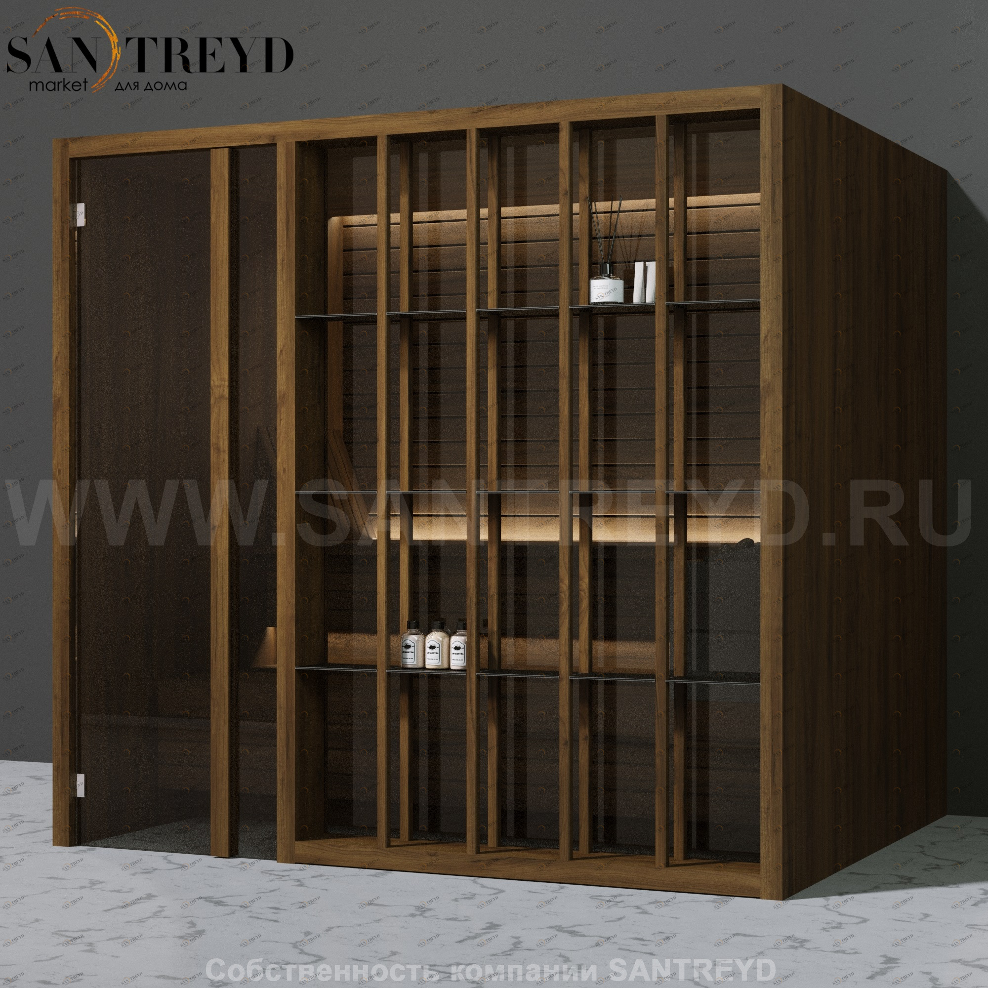 Effegibi YOKU.S105 SA.70100002 Сауна с левой дверью. Мощность: 10,5 кВт макс. Размеры: длина 230 см, ширина 200 см. Отделка: чёрный орех SA70100002