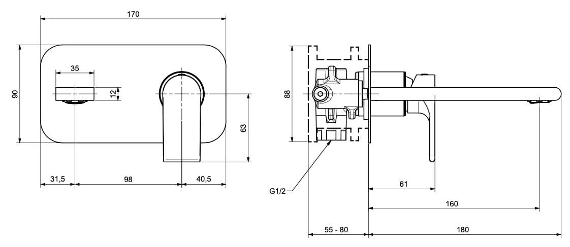 Однорычажный настенный смеситель для раковины с пластиной Bugnatese Simple ARCH-00127381 - Вид №2