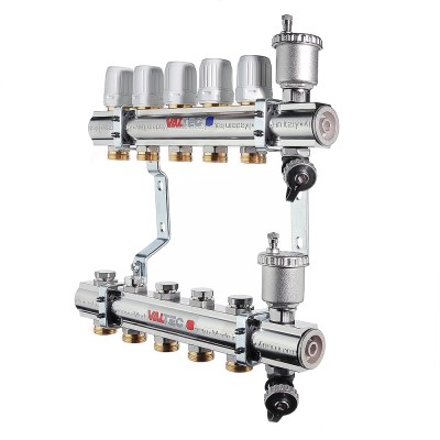 VTc.594.EMNX.0612 Коллекторный блок латунный c термостатическими и балансировочными клапанами Valtec 1", 12 x 3/4", "евроконус" 