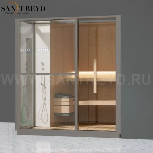 Effegibi LOGICA S LO20010008 Сауна. Установка: в правый угол. Левая дверь. Мощность: 6 кВт макс. Размеры: длина 214 см, ширина 250 см. Отделка: канадский хемлок, матовый лакированный серый аллюминий и бежевый ламинат из керамогранита.