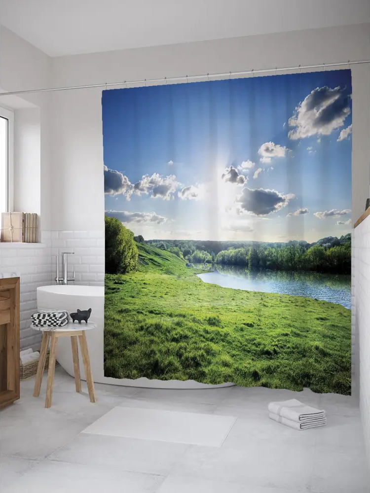 93780273 Штора для ванной JoyArty Яркий день из ткани, 180x200 см с крючками STLM-0992254