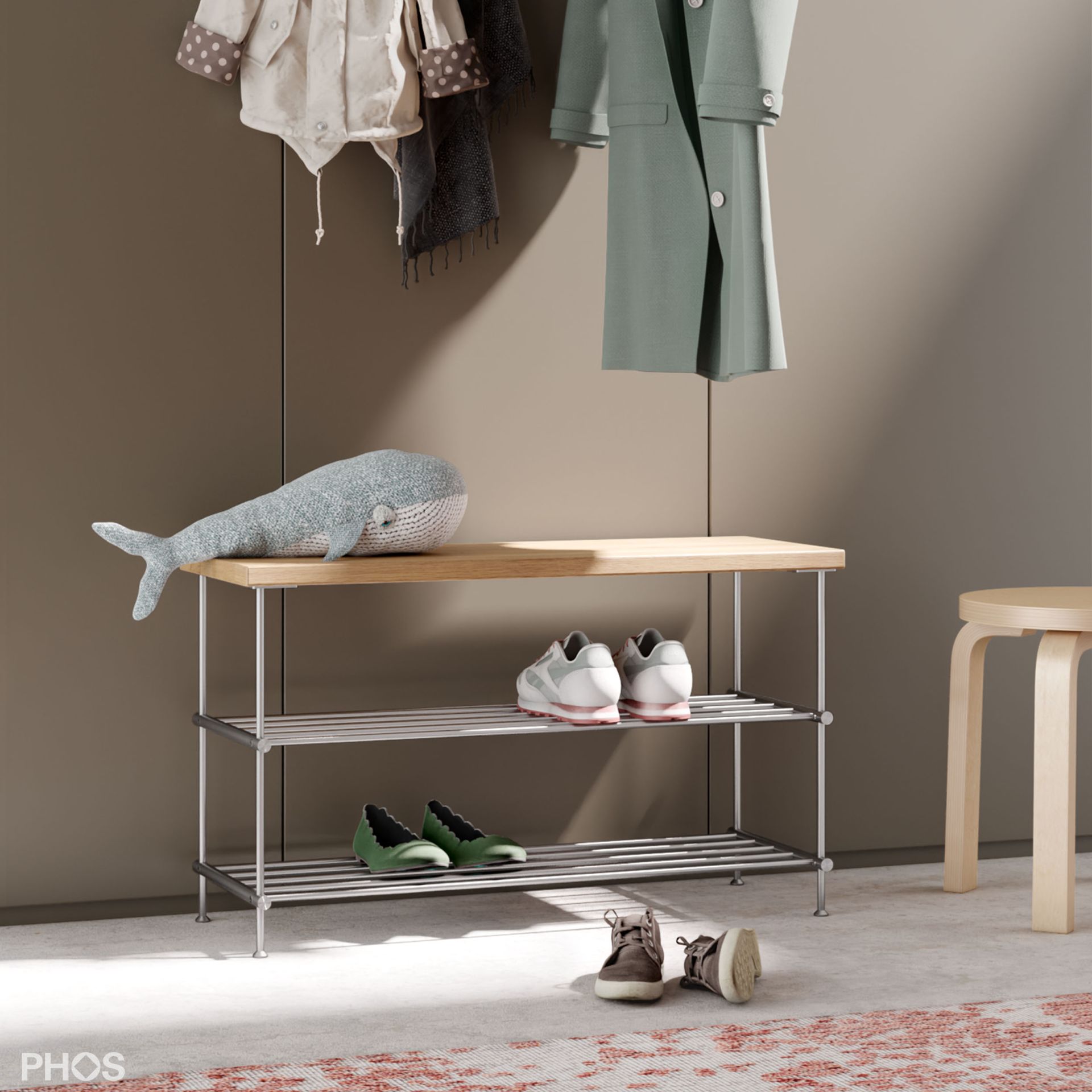 SB700-2-Eiche Скамья для обуви из дуба, 1 поле, 2 уровня, ширина 75 см PHOS  - Вид №5