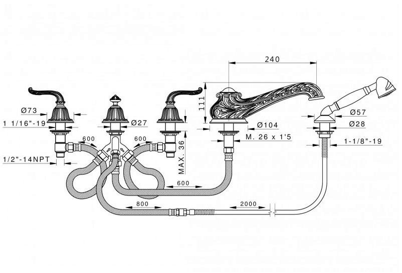 Bronces Mestre Комплект для ванны на 5 отверстий с ручным душем Versailles 230016.a300.50 - Вид №1