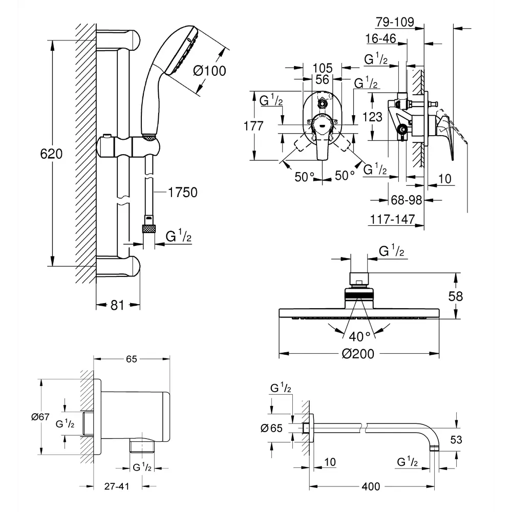 Набор душевой Grohe Bau Flow для скрытого монтажа с верхним и ручным душем 18690417 STLM-2203288  - Вид №10