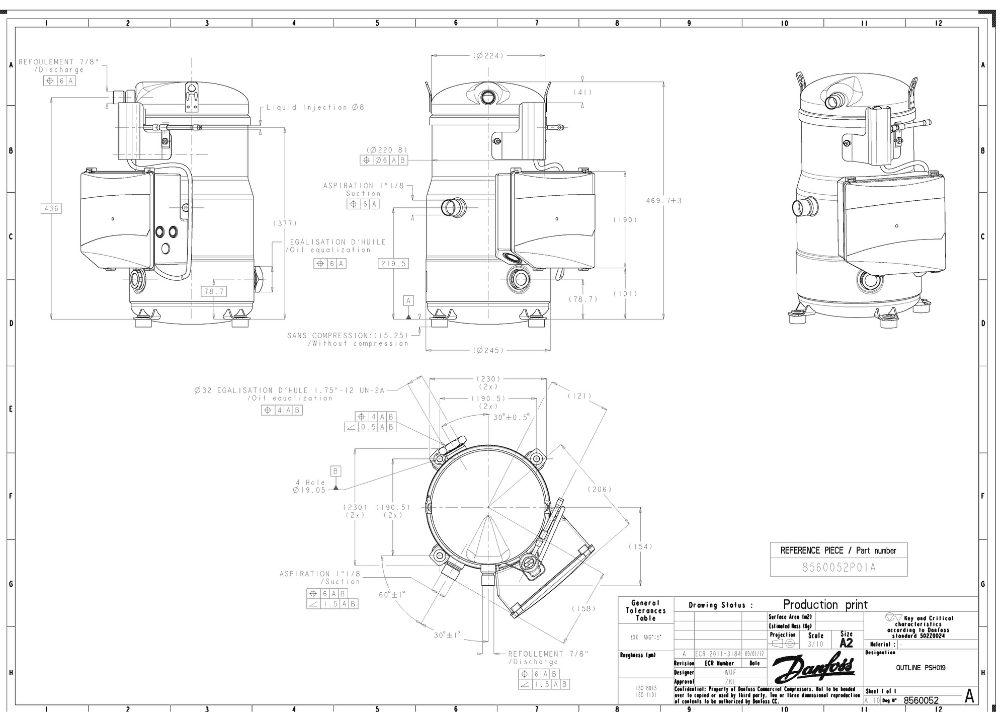 Danfoss PSH — Герметичные спиральные компрессоры, R410A PSH026A4CLD Компрессор спиральный 120H0935  - Вид №6