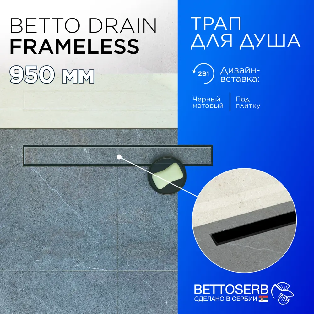 90389469 Трап для душа Bettoserb Frameless Line 950 Black Matte с комбинированным затвором STLM-0803573
