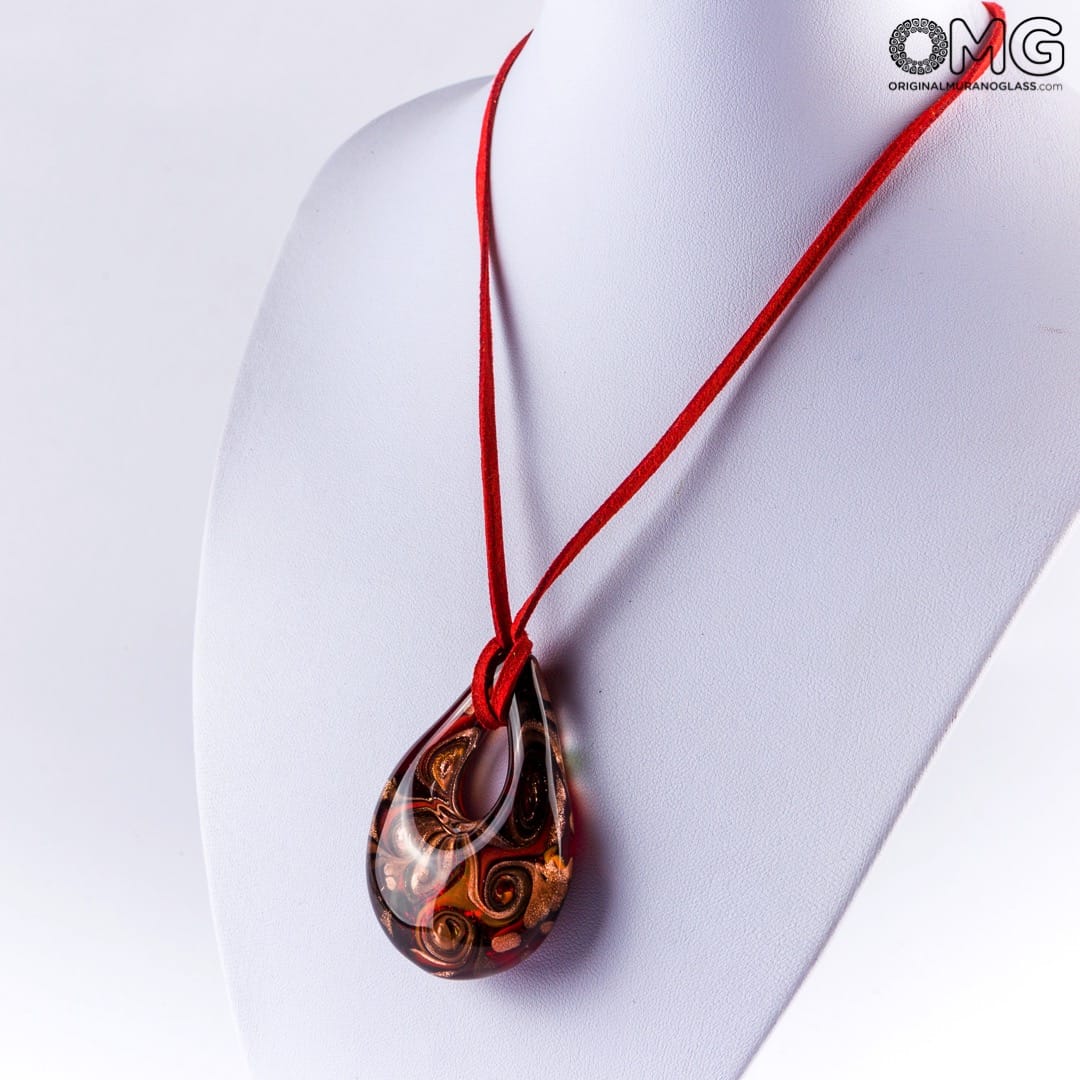 2343 ORIGINALMURANOGLASS Красная подвеска в виде капли из муранского стекла с авантюрином - OMG 57 см  - Вид №1
