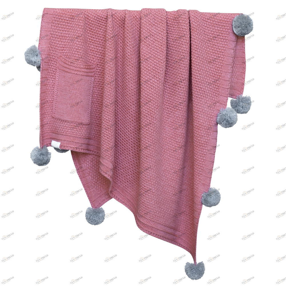 Плед POMPON 90х90 брусника/белый+серый APERO ВЯЗАНЫЕ, ОДНОТОННЫЕ 134592 Розовый 