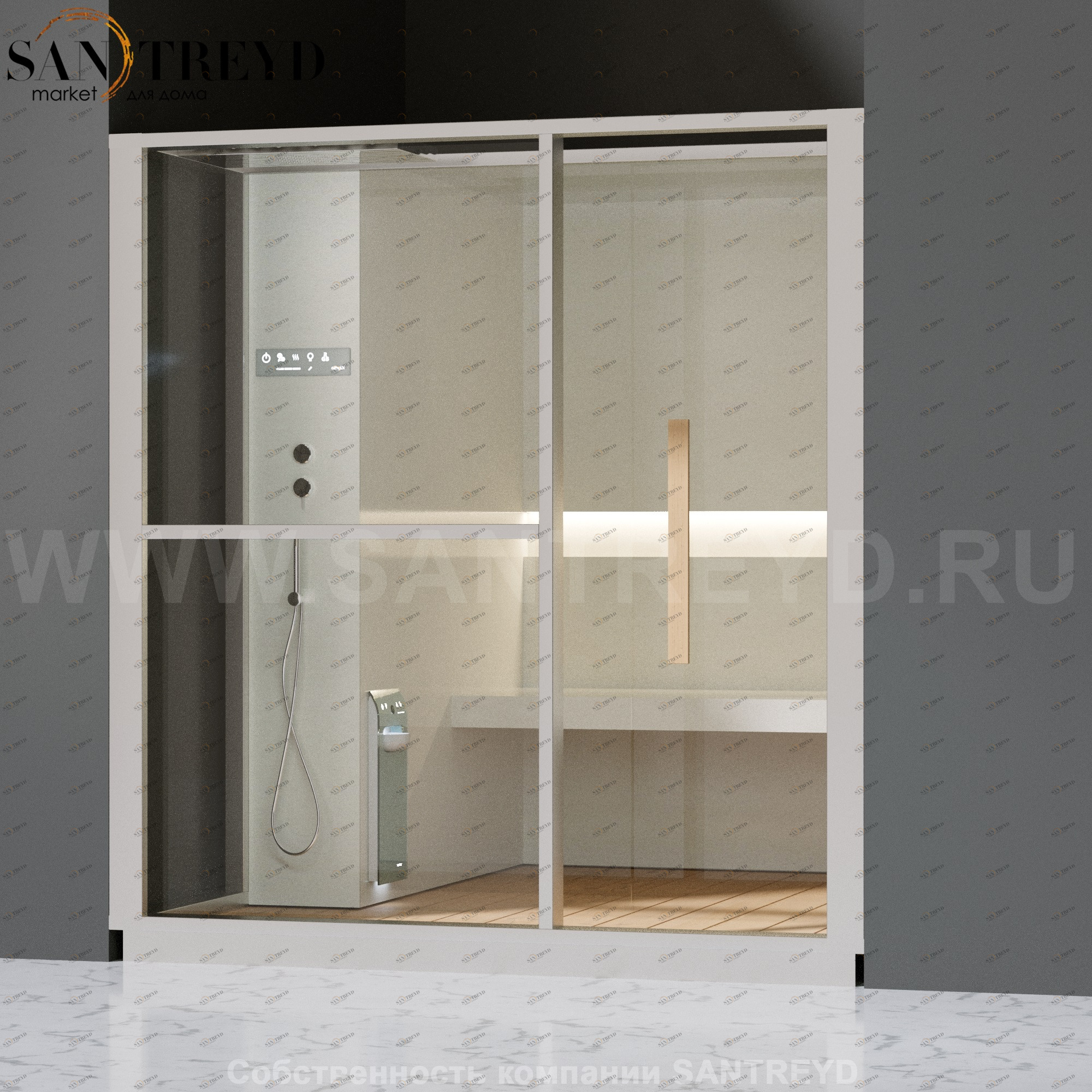 Effegibi LOGICA H LO30020010 Хаммам. Установка: в нишу. Левая дверь. Мощность: 4,5 кВт макс. Размеры: длина 214 см, ширина 250 см. Отделка: матовый лакированный белый аллюминий и серый ламинат из керамогранита.