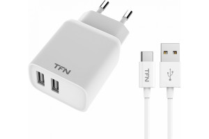 17495100 Сетевое зарядное устройство 2 USB RAPID 2.4A + кабель TypeC, белый -WCRPD12W2U04 TFN
