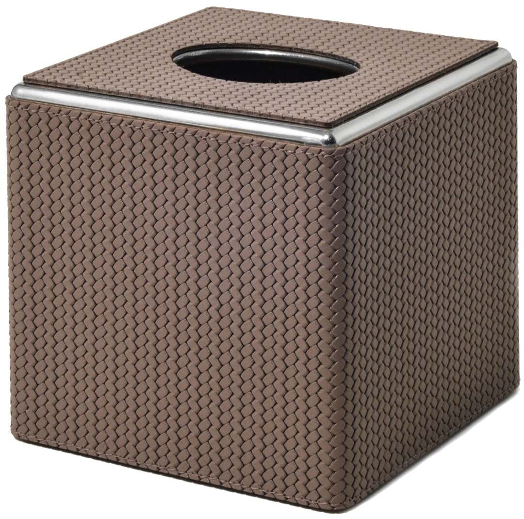 Квадратная коробка для салфеток - 14X14XH13,5 см / хромированная металлическая отделка / тканая кожа_кремовая