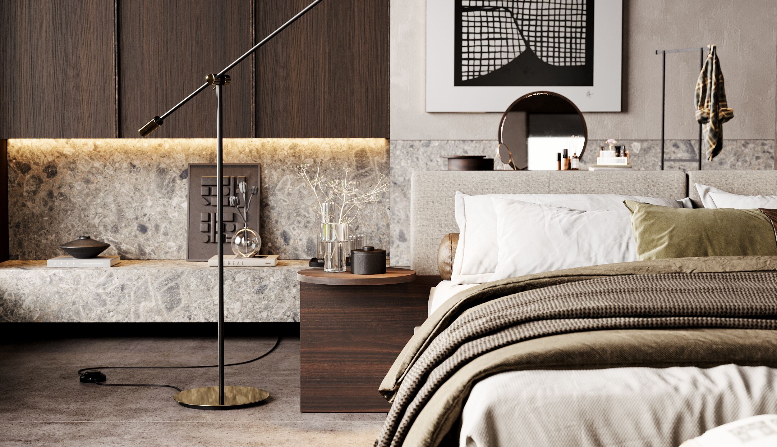 Двуспальная кровать из ткани с мягким изголовьем и встроенными тумбочками Laskasas Origin ARCH-00106710 - Вид №5