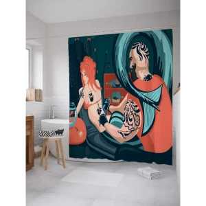 93781329 Штора для ванной JoyArty Мастер тату из ткани, 180x200 см с крючками STLM-1388661