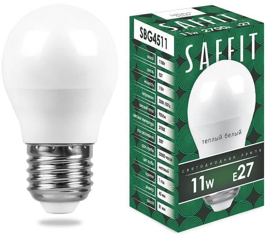 55137 Лампа светодиодная E27 11W 2700K Шар Матовая SBG4511 Saffit