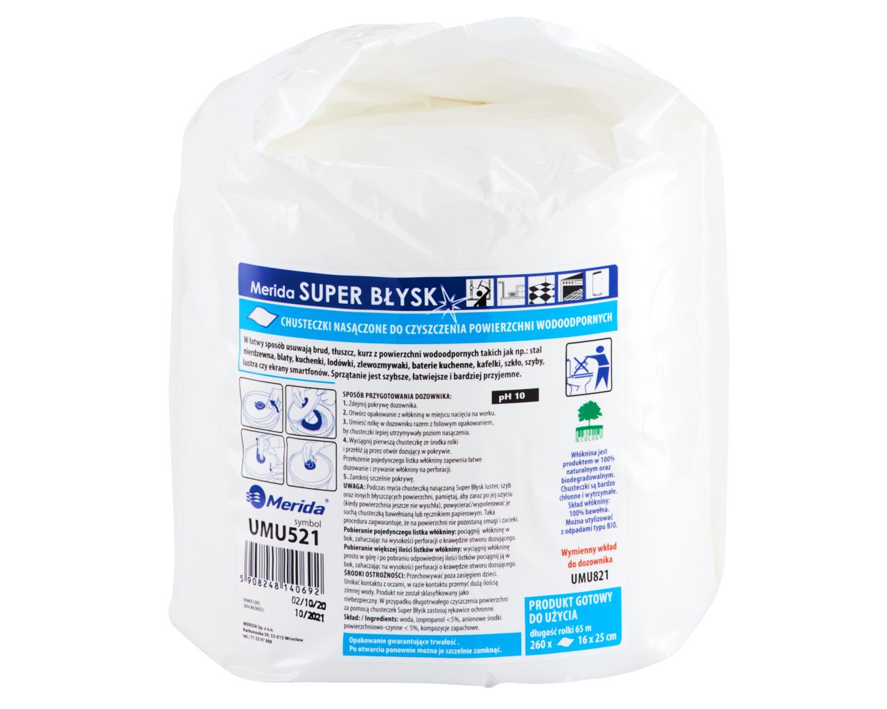 UMU521 Влажные салфетки для очистки водостойких поверхностей SUPER BŁYSK, сменный наполнитель для ведра 6 л, рулон 65 м, 260 листов Merida 