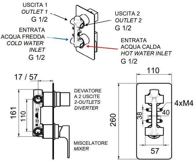 Remer Rubinetterie Смеситель для душа настенный с переключателем Absolute Au-93, au-92 - Вид №1