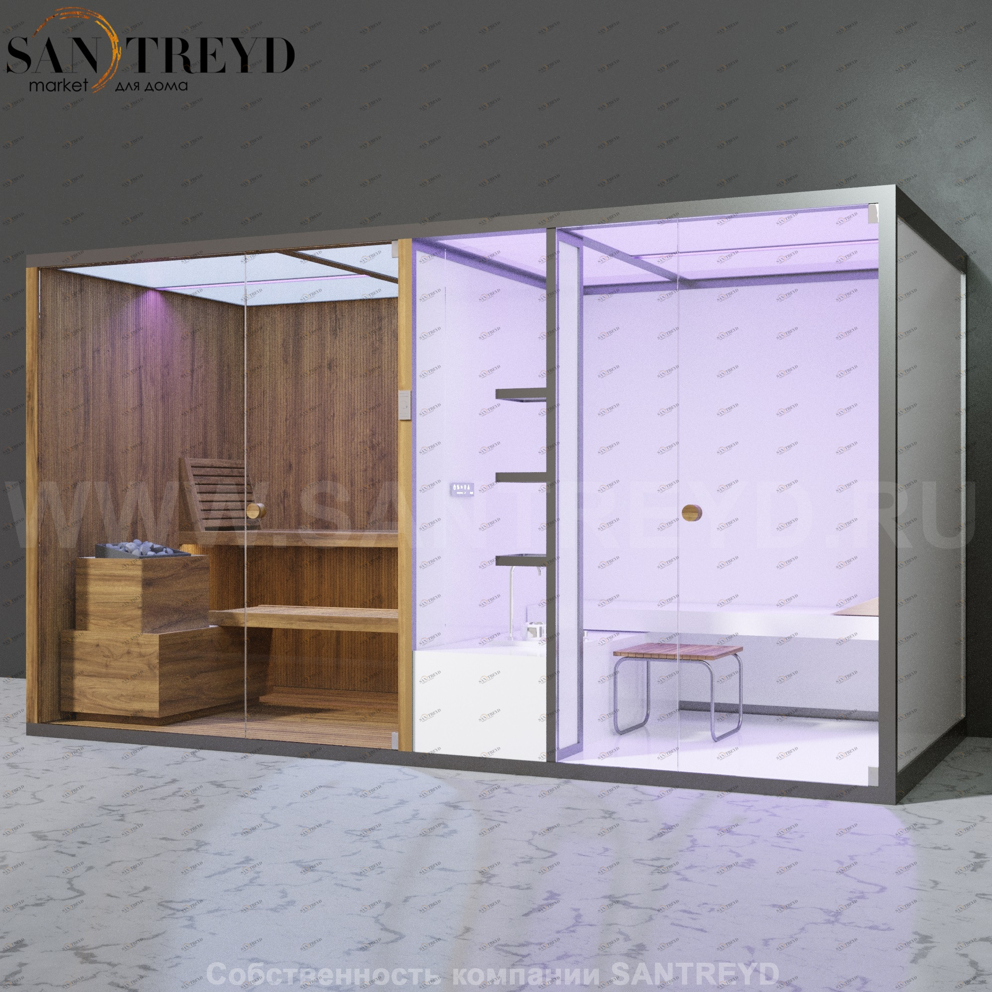 Effegibi BODYLOVE SH BL40250004 Фронтальная комбинированная баня: хаммам и сауна. Установка: к стене. Мощность: 15 кВт макс. Размеры: длина 393 см, ширина 176 см. Отделка: термообработанная древесина без отделки.