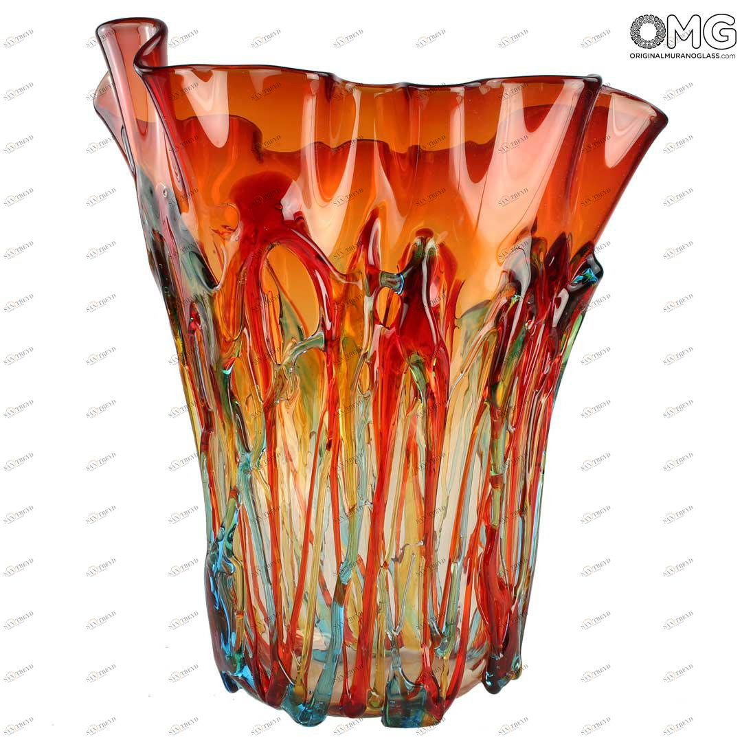 1180 ORIGINALMURANOGLASS Цветочная ваза Куба из муранского стекла - Оранжевое пламя - OMG 30 см 