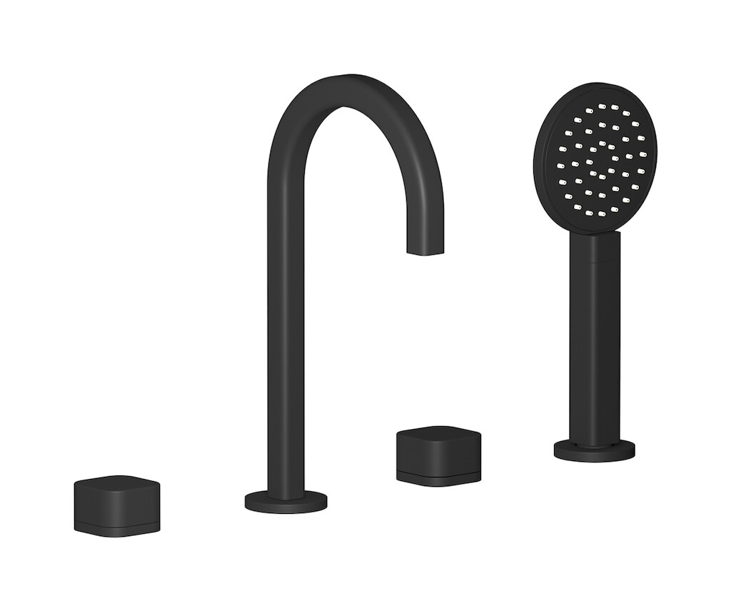 Смеситель на бортик ванной на 4 отверстий с дивертером и душевым гарнитуром. WE ARE IB eo396np_1 Matt Black Elio