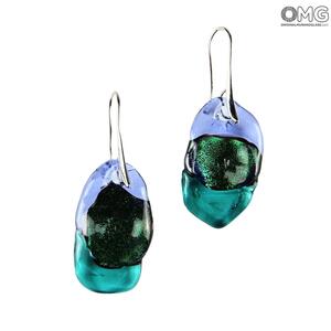 2466 ORIGINALMURANOGLASS Трёхцветные серьги из стекла соммерсо - зелёный и фиолетовый - муранское стекло - Original Murano Glass OMG 2 см