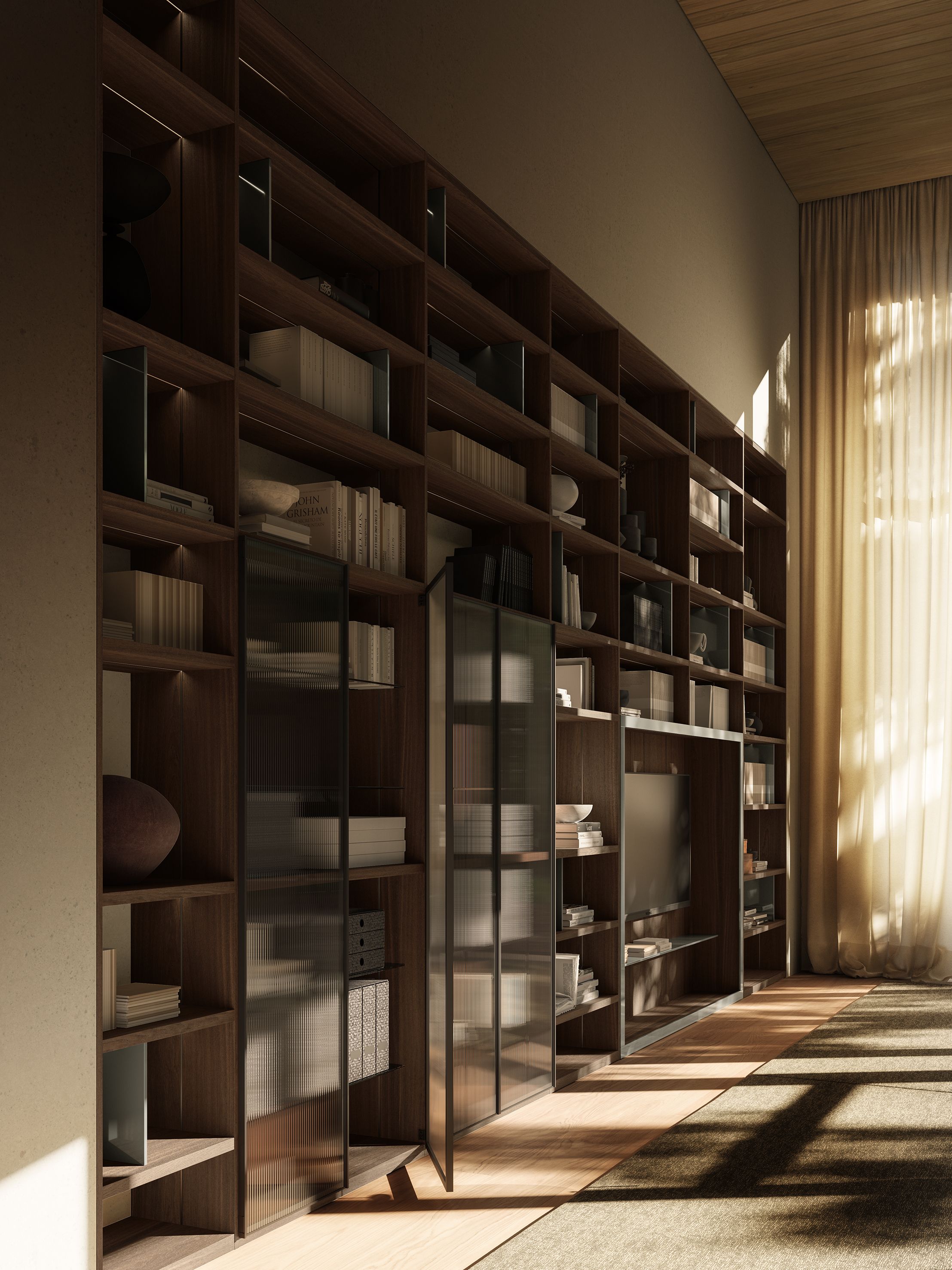 Деревянная настенная секционная Книжная полка с подставкой для телевизора Boffi Антиб ARCH-00091608 - Вид №2