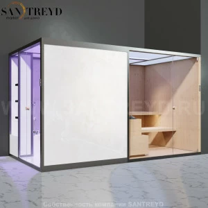 Effegibi BODYLOVE SH BL45110002 Боковая комбинированная баня: хаммам и сауна. Установка: в правый угол. Мощность: 15 кВт макс. Размеры: длина 393 см, ширина 176 см. Отделка: канадский хемлок, светлый керамогранит.