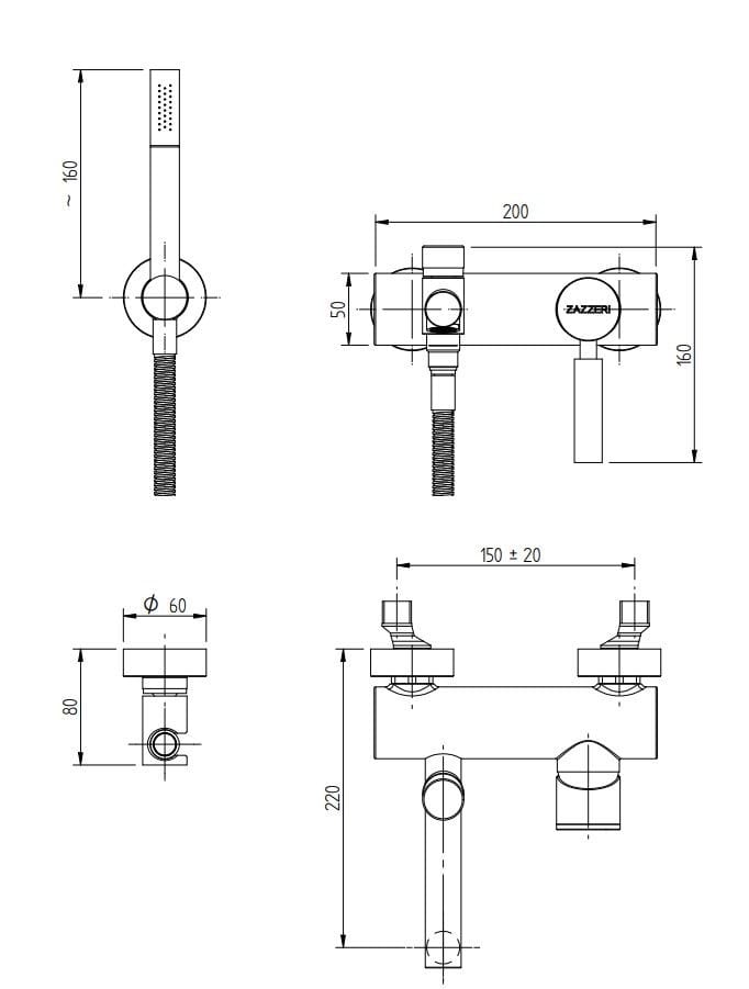 Однорычажный настенный смеситель для ванны с ручным душем Zazzeri Da-Da ARCH-00050104 - Вид №1