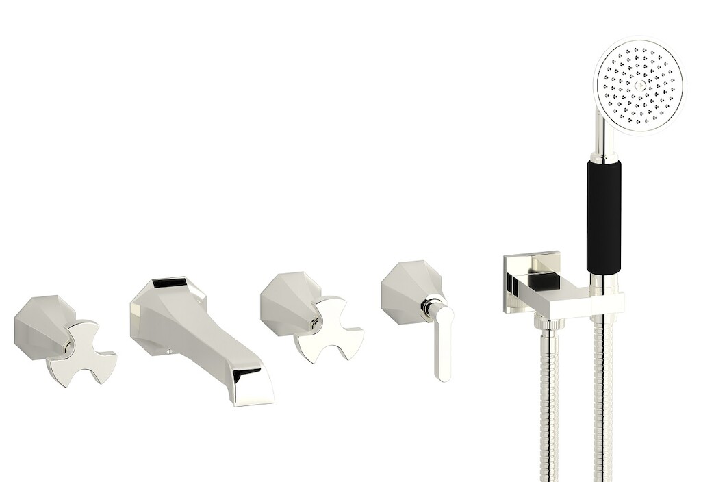 Настенный смеситель для ванной на 5 отверстий с дивертером и душевым гарнитуром. WE ARE IB bt398pl Platinum Belmondo 