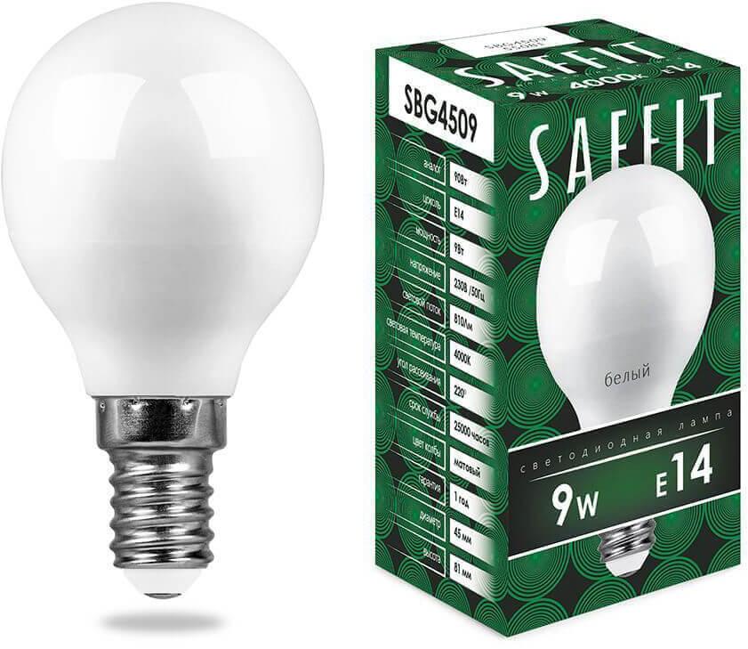55081 Лампа светодиодная E14 9W 4000K Шар Матовая SBG4509 Saffit