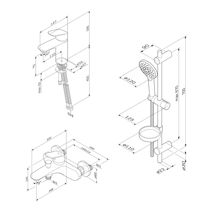 F4098000 набор смесителей: смеситель для умывальника смеситель для ванны/душа душевой комплек AM.PM Like - Вид №3
