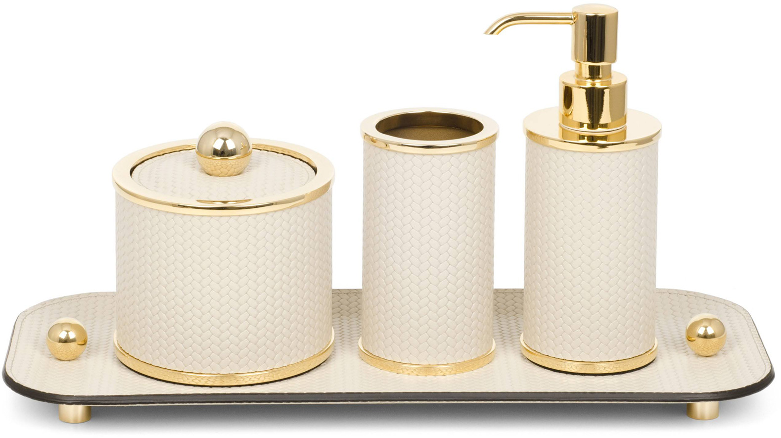 Круглый набор для ванной комнаты Olimpia - 36X15XH17 см / металл-отделка_золото/зерененная кожа_серо-коричневый