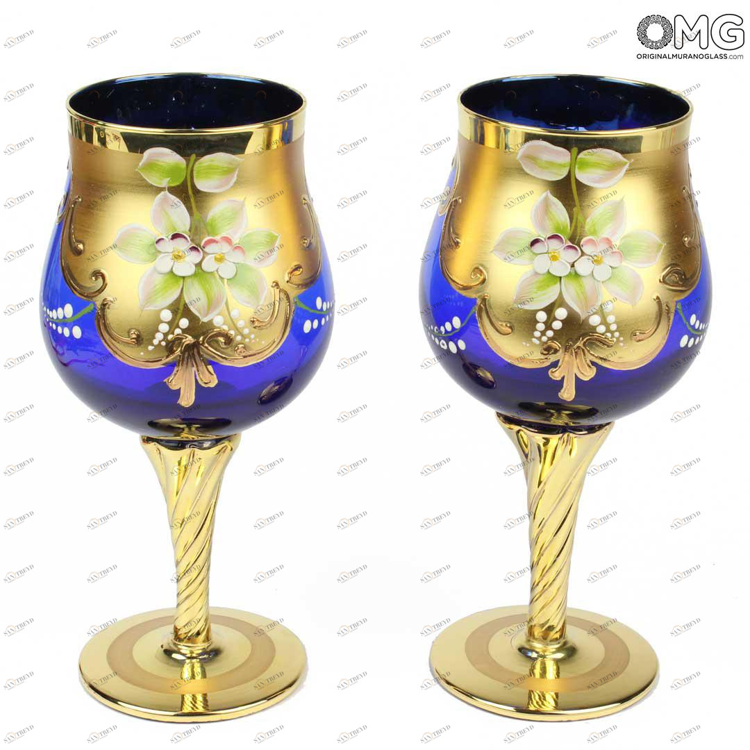 2132 ORIGINALMURANOGLASS Набор из 2 бокалов- я&ты- Trefuochi- голубые - муранское стекло 8 см 