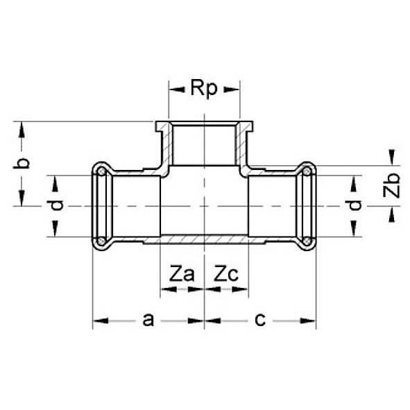 1111302834 SANHA 11130G пресс-фитинг газ, бронза, тройник ВПр-ВР-ВПр 28x3/4x28 мм  - Вид №1