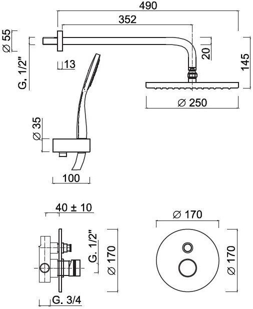 Rubinetteria Giulini Душевой набор с переключателем на ручной душ с верхним душем Deluxe - myring Fmr0013kbdl - Вид №1