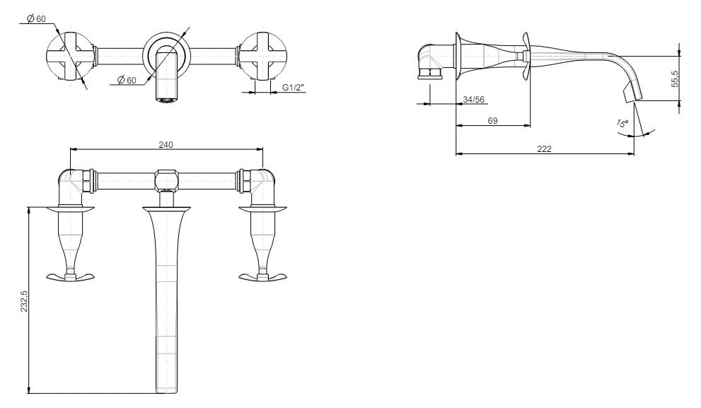 Настенный смеситель для раковины без слива с отдельными розетками Rubinetterie Frattini Lucrezia ARCH-00084520 - Вид №6