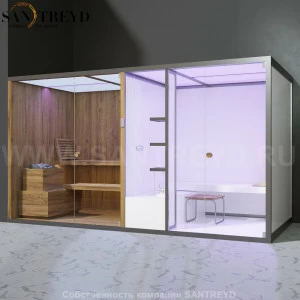 Effegibi BODYLOVE SH BL40250003 Фронтальная комбинированная баня: хаммам и сауна. Установка: в левый угол. Мощность: 15 кВт макс. Размеры: длина 393 см, ширина 176 см. Отделка: термообработанная древесина без отделки.