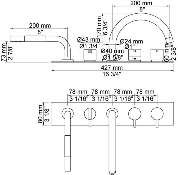 VOLA Комплект для ванны на 5 отверстий с ручным душем sun-id-1351664 - Вид №1