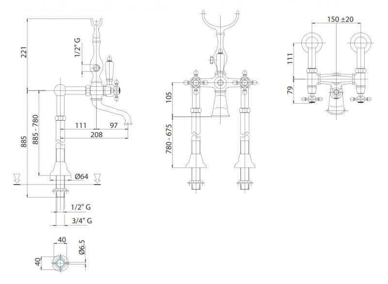 Напольный смеситель для ванны с ручным душем шлангом 150см CEZARES LORD-VDP-02-M - Вид №1