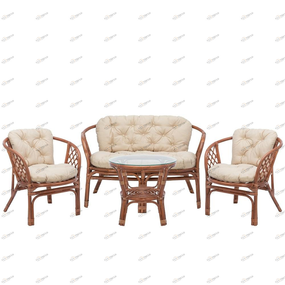 Лаундж зона из ротанга на 4 персоны с подушками миндаль Bahama IMPEX  00-3885592 Бежевый;коричневый 