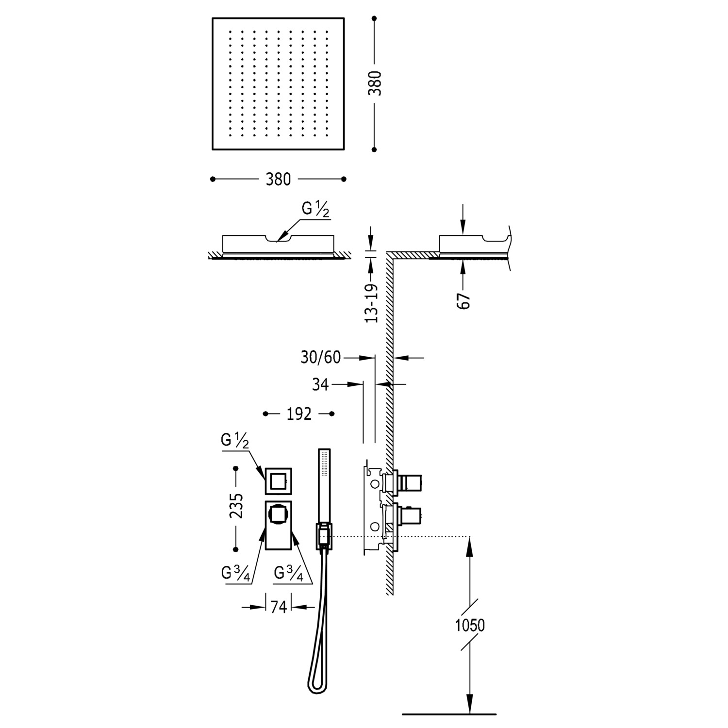 БЛОЧНАЯ СИСТЕМА блочная система 2-ходовой скрытый термостатический смеситель для душа kit-20625204BM TRES Thermostatic - Вид №1
