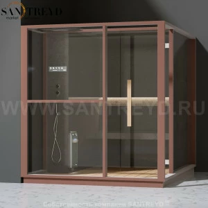 Effegibi LOGICA H LO30030006 Хаммам. Установка: в левый угол. Левая дверь. Мощность: 4,5 кВт макс. Размеры: длина 214 см, ширина 250 см. Отделка: матовый лакированный коричневый аллюминий и темный ламинат из керамогранита.