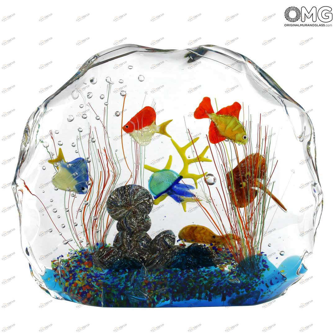 4363 ORIGINALMURANOGLASS Скульптура Аквариум с тропическими рыбками - муранское стекло OMG 28 см 