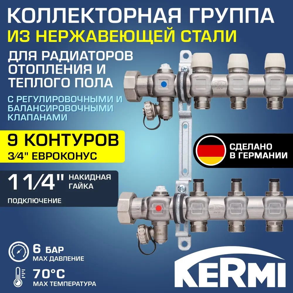 91740815 Коллекторная группа для теплого пола Kermi SFV09000000 1 1/4"x3/4" евроконус 9 выходов нержавеющая сталь STLM-0941121