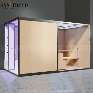 Effegibi BODYLOVE SH BL45110001 Боковая комбинированная баня: хаммам и сауна. Установка: в правый угол. Мощность: 15 кВт макс. Размеры: длина 393 см, ширина 176 см. Отделка: канадский хемлок, светлый керамогранит и гладкий хемлок.