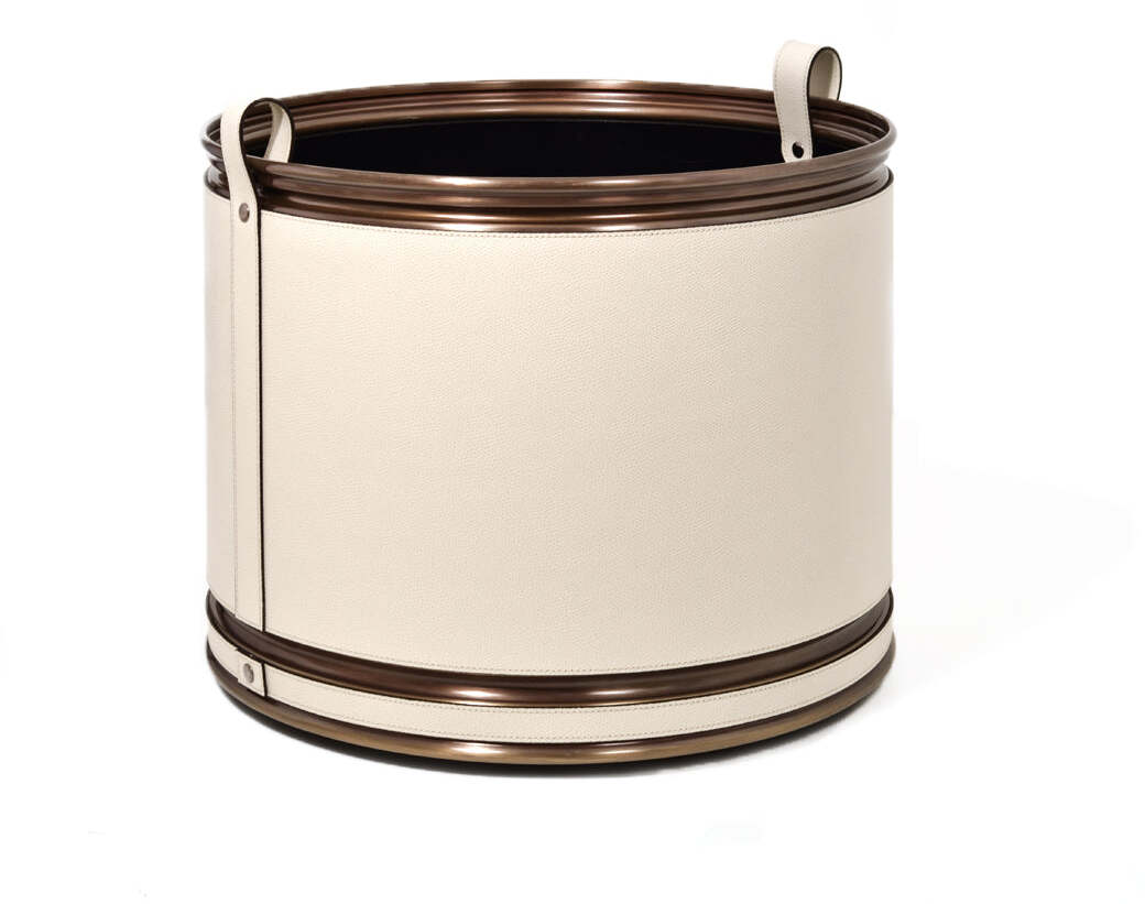 Кашпо - Ø 40,5XH32 см / металл-отделка_вороненная-латунь / плетеная кожа_темно-серый